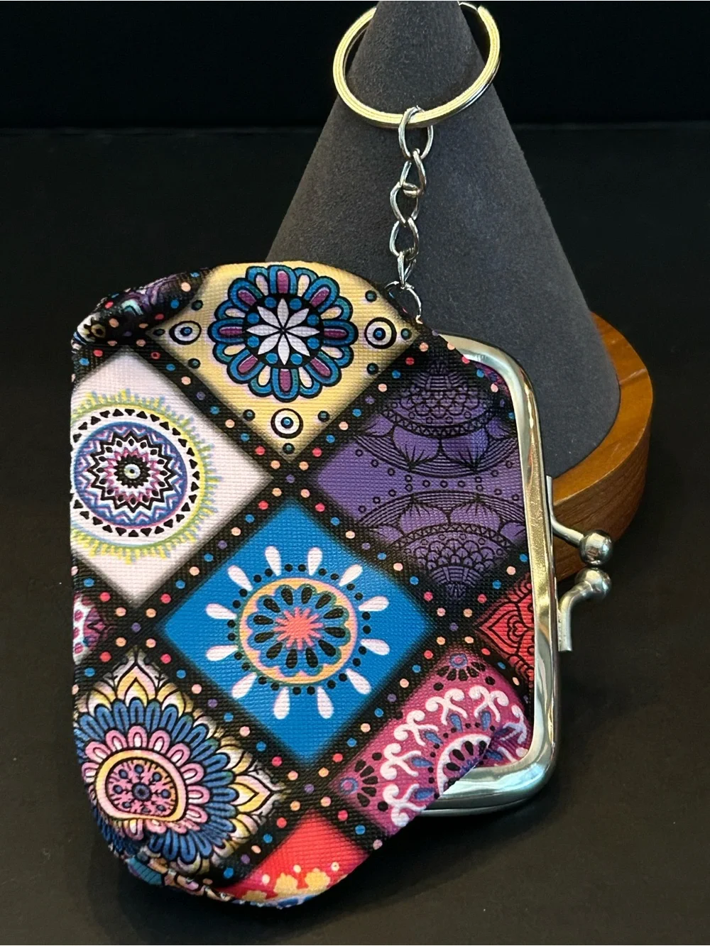 Assorted Multicolor Mosaic Kiss-Lock Coin Purse Keychain Vibrant Patchwork Print